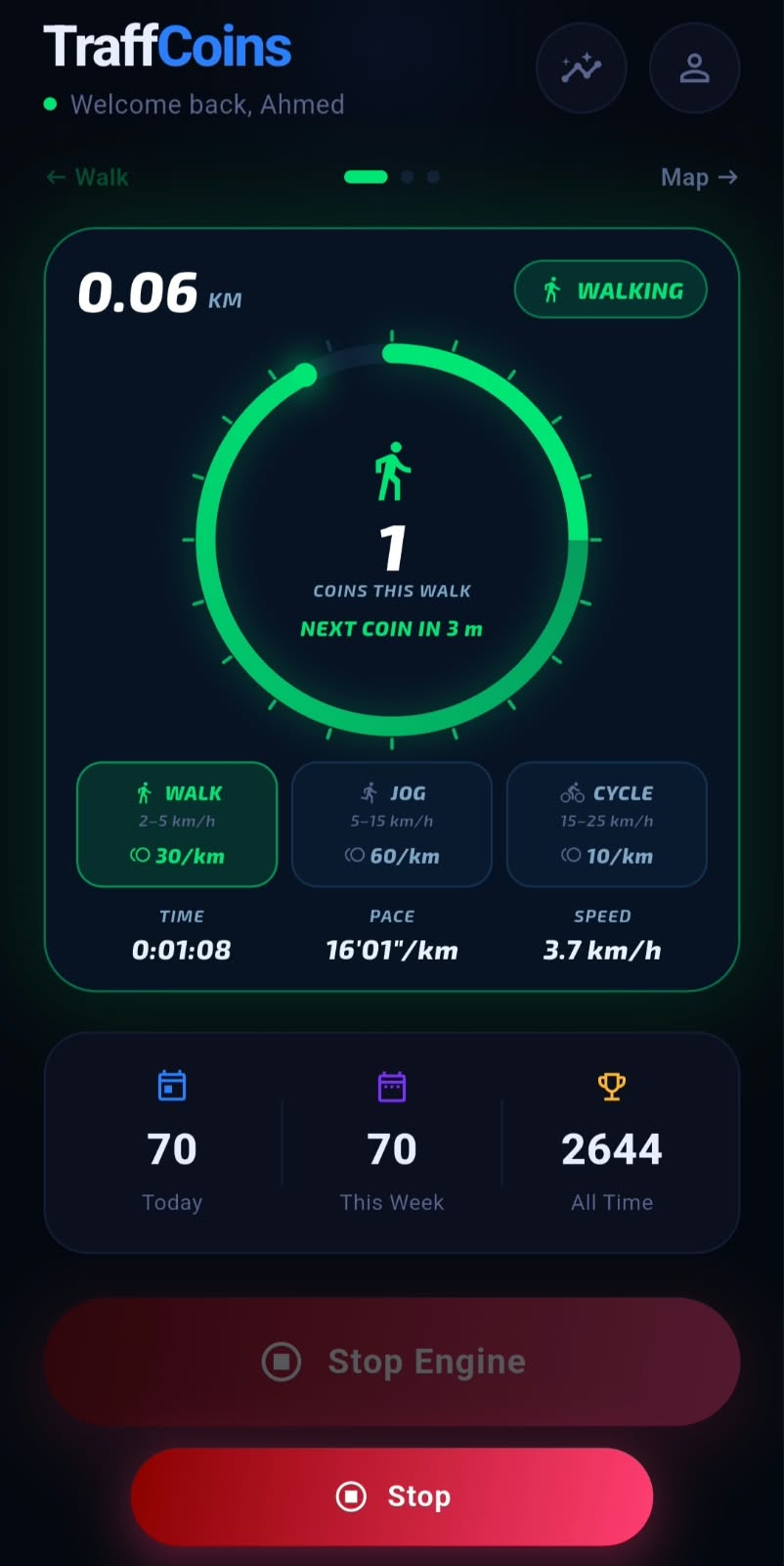 TraffCoins app screen — walking