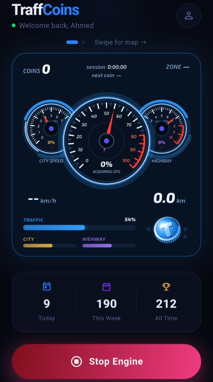 TraffCoins app screen — driving